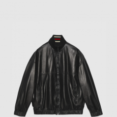 [GUCCI-구찌] 로고 자수 가죽 봄버 재킷