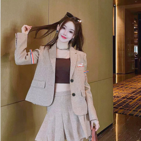 [THOM BROWNE-톰브라운]울 싱글 재킷 블레이저 플리츠 미니 스커트 투피스 세트